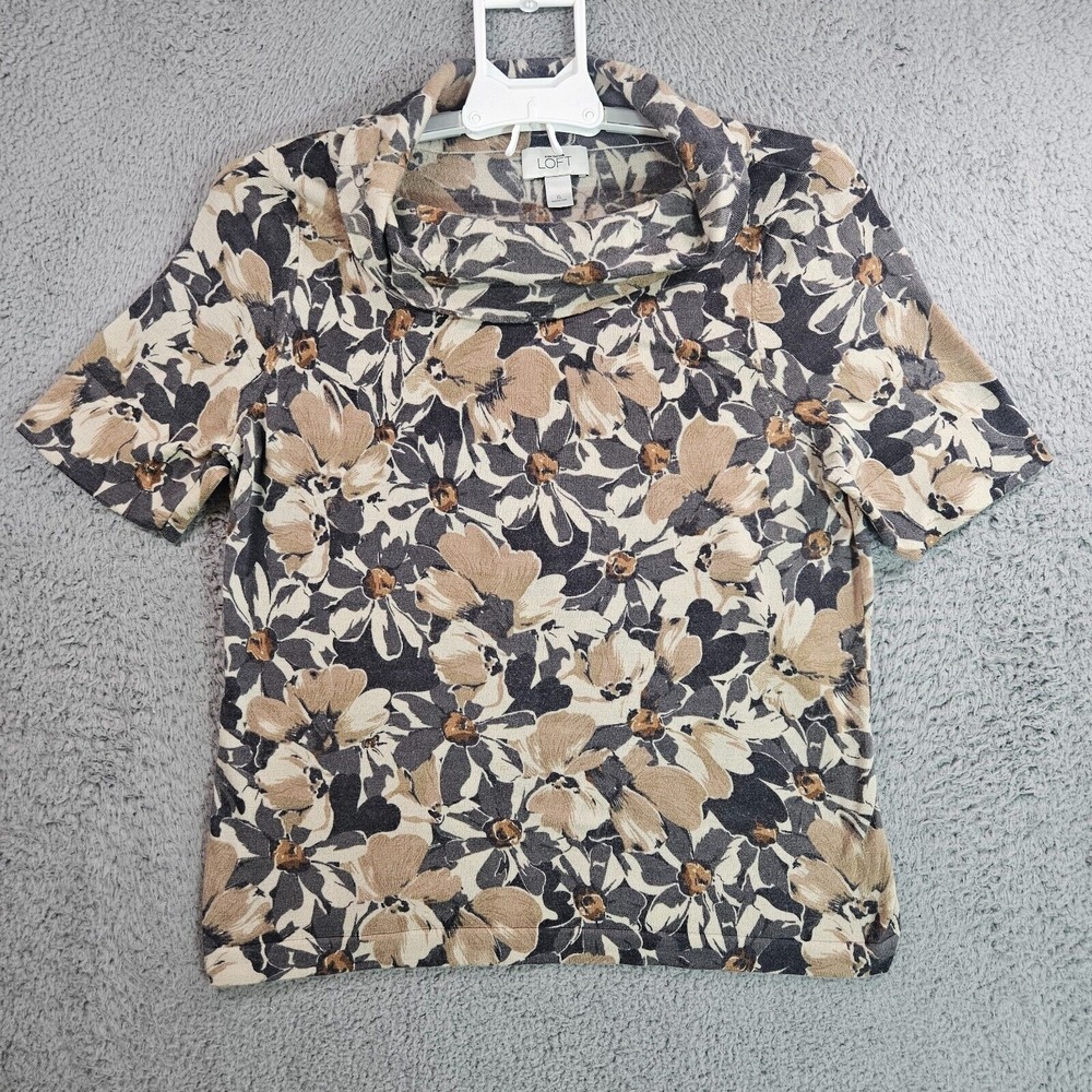 Ann Taylor Loft Top Women XL 100% Wool Short Sleeve Floral Print Gray Brown Tone